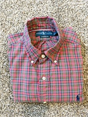 Ralph Lauren Pink & Green Plaid Button-Down Short Sleeve Shirt SZ Large